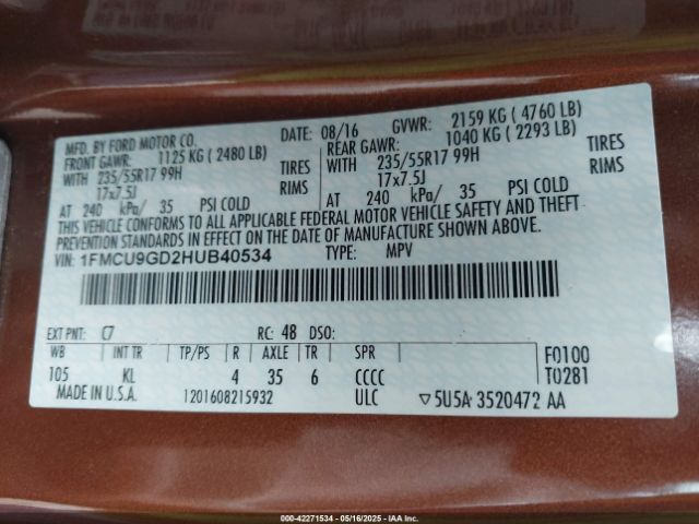 1FMCU9GD2HUB40534 Ford ESCAPE SE