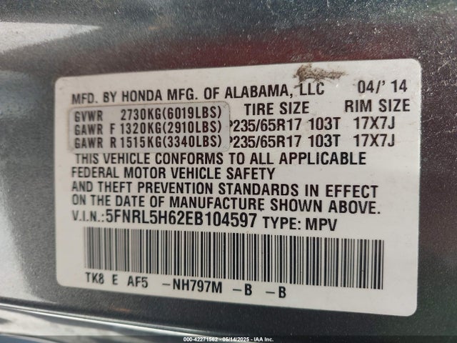 5FNRL5H62EB104597 Honda Odyssey Ex-l
