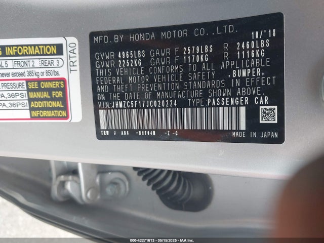 Продаж на аукціоні авто 2018 Honda Clarity Plug-in Hybrid, vin: JHMZC5F17JC020224, номер лоту: 42271613