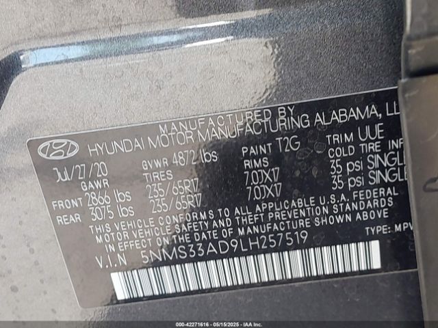 5NMS33AD9LH257519 Hyundai Santa Fe Sel