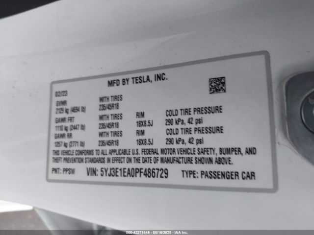 5YJ3E1EA0PF486729 Tesla Model 3 Rear-wheel Drive