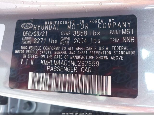 KMHLM4AG1NU292659 Hyundai ELANTRA SEL