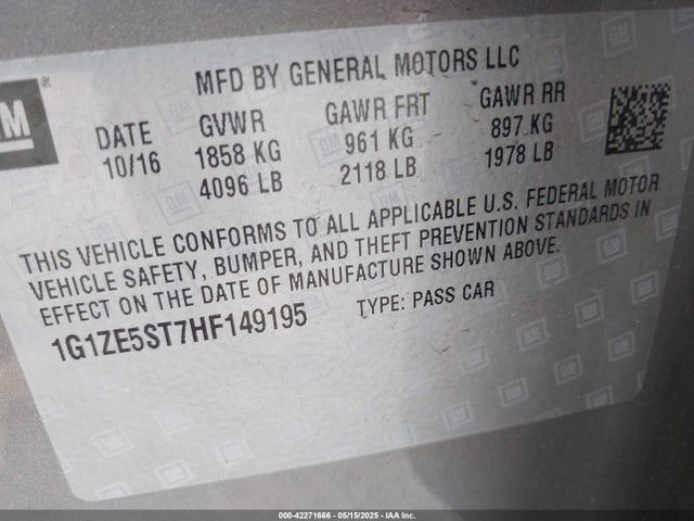 1G1ZE5ST7HF149195 Chevrolet MALIBU 1LT