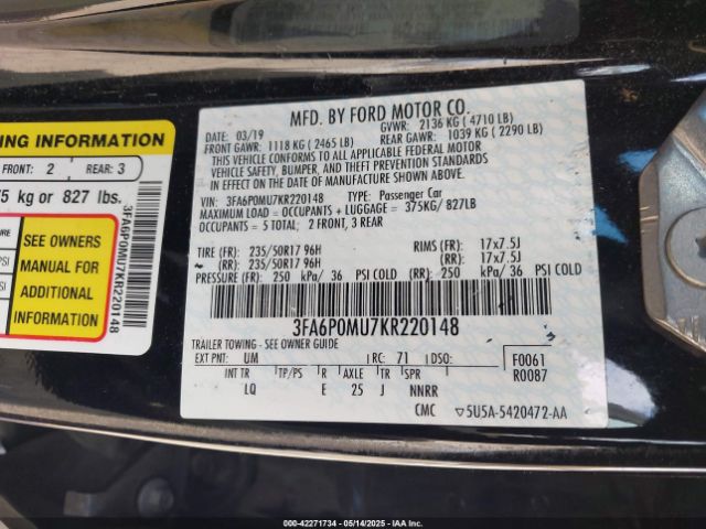 3FA6P0MU7KR220148 Ford Fusion Hybrid Sel