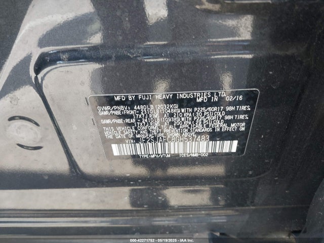 Subaru naturally aspirated u5 2016 JF2SJAFC8GH537483 Image 9