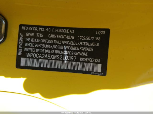 WP0CA2A8XMS210397 Porsche 718 Boxster T