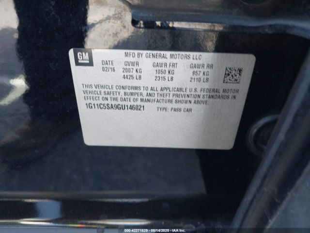 1G11C5SA9GU146021 Chevrolet lcv -sidi, dcvcp, vvt, dcvcp, e85 max, e0-e100, aluminum
