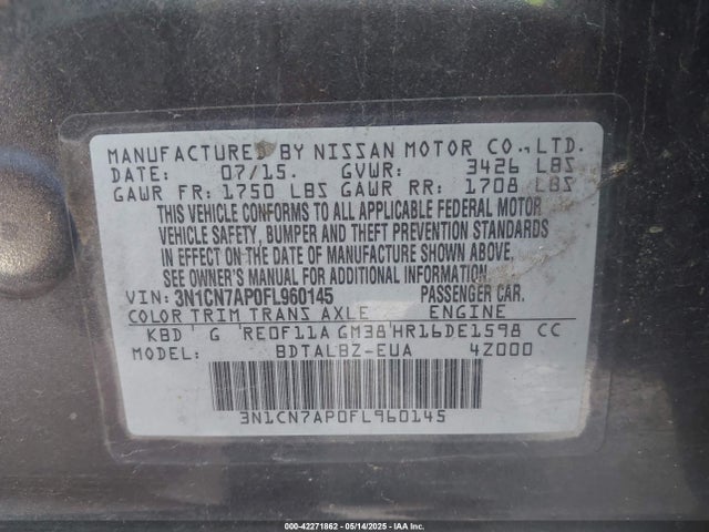 3N1CN7AP0FL960145 Nissan Versa 1.6 Sv