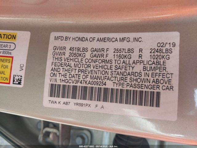 1HGCV3F47KA009254 Honda Accord Hybrid Ex
