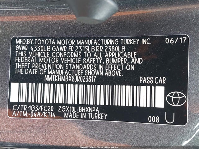 NMTKHMBX8JR023817 Toyota 3zr-fae
