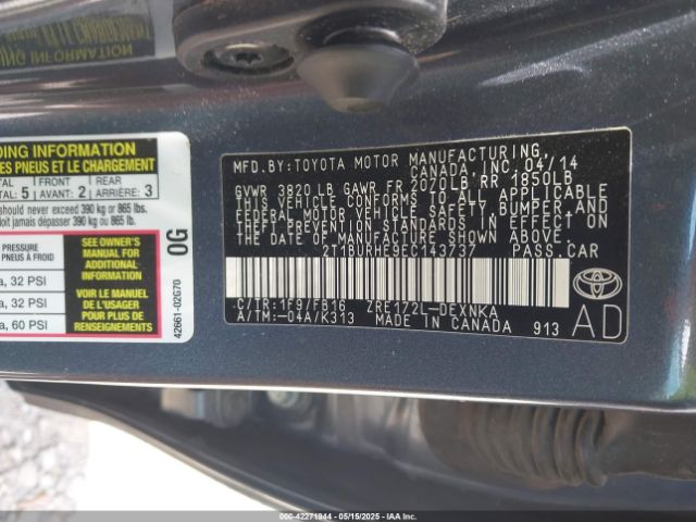 2T1BURHE9EC143737 Toyota COROLLA LE