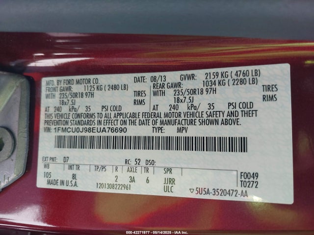 1FMCU0J98EUA76690 Ford 2014