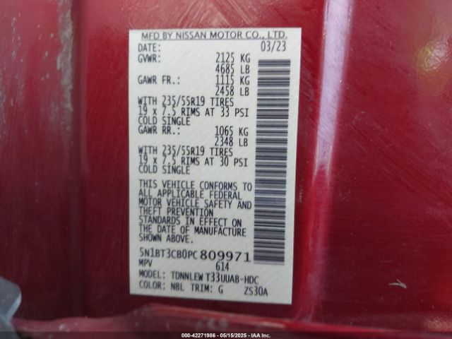 5N1BT3CB0PC809971 Nissan Rogue Sl Intelligent Awd