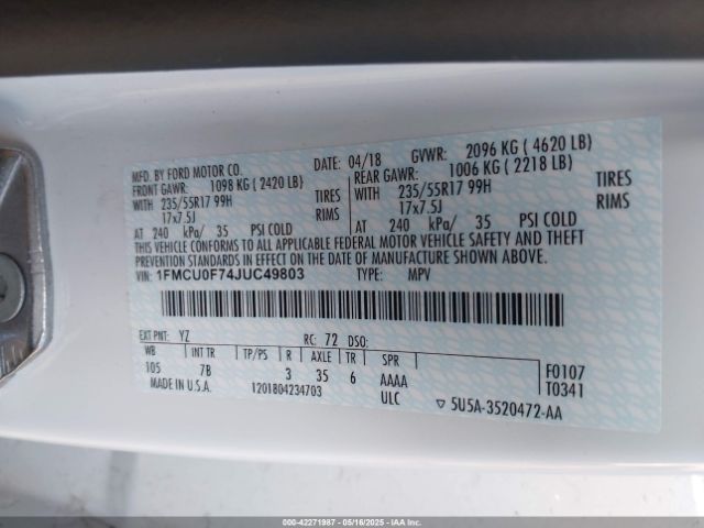 1FMCU0F74JUC49803 Ford ESCAPE S