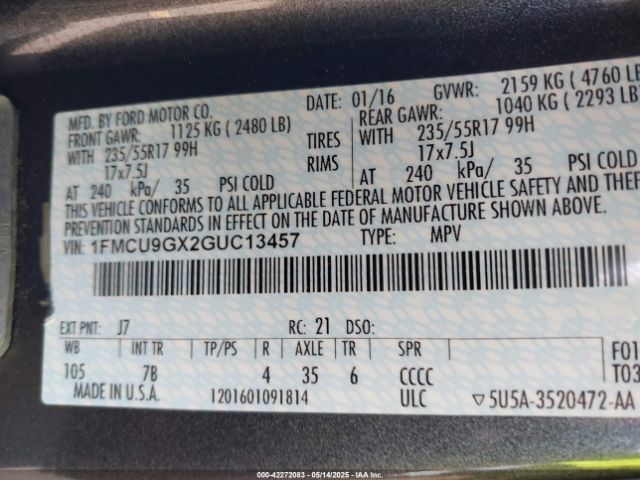 1FMCU9GX2GUC13457 Ford ESCAPE SE