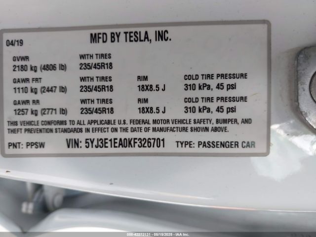 2019 TESLA MODEL 3 5YJ3E1EA0KF326701 Photo 8