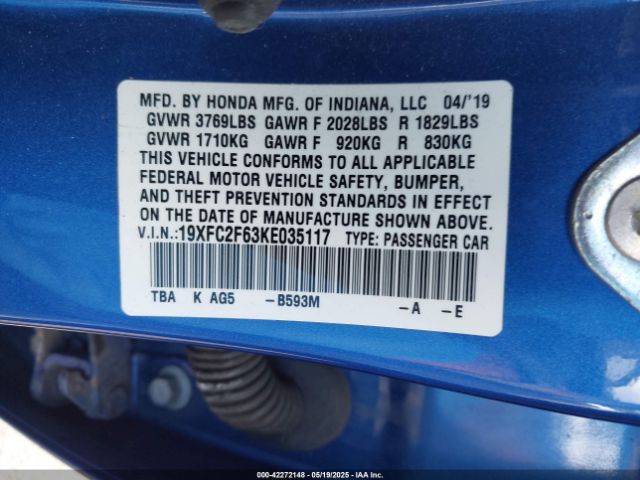 2019 HONDA CIVIC 19XFC2F63KE035117 Photo 8