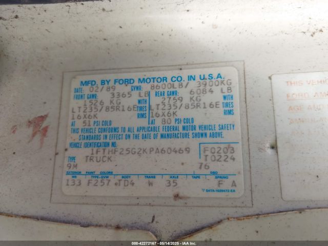 1989 FORD F250 1FTHF25G2KPA60469 Photo 8