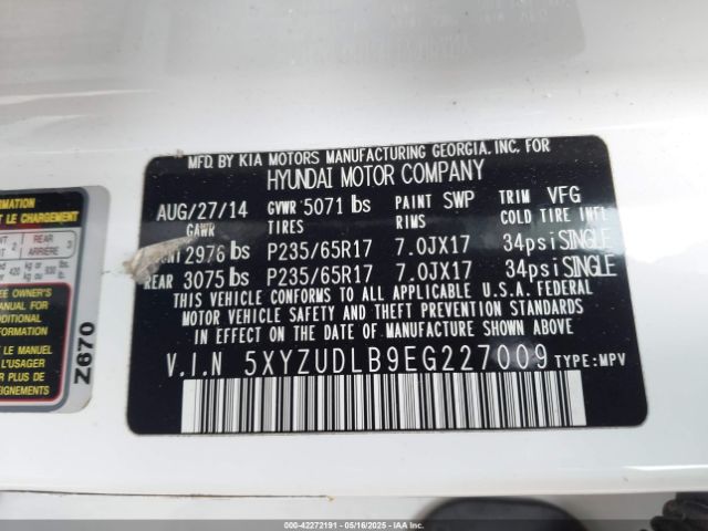 5XYZUDLB9EG227009 Hyundai Santa Fe Sport 2.4l