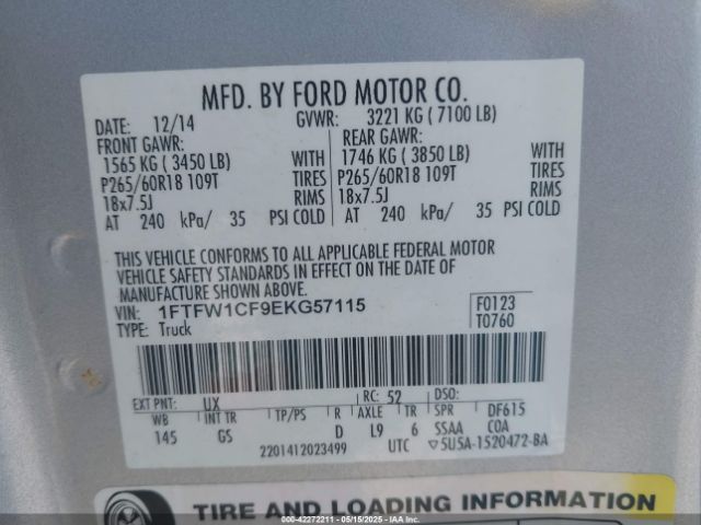 1FTFW1CF9EKG57115 Ford F-150 Xlt