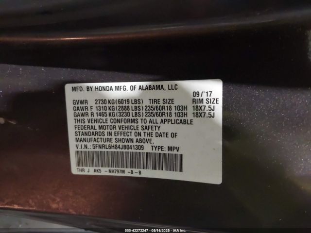 5FNRL6H84JB041309 Honda Odyssey Touring