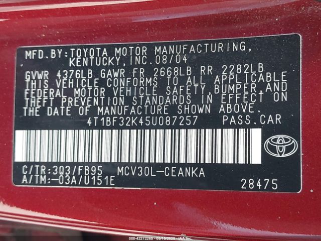 2005 TOYOTA CAMRY 4T1BF32K45U087257 Photo 8