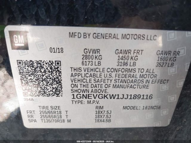 1GNEVGKW1JJ189116 Chevrolet Traverse 1lt