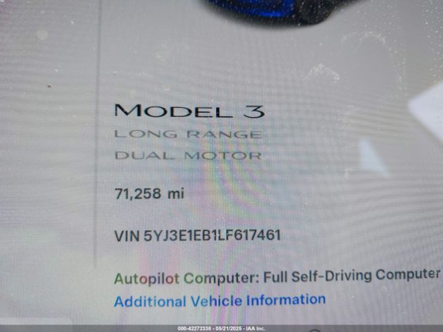 5YJ3E1EB1LF617461 Tesla Model 3 Long Range Dual Motor All-wheel Drive