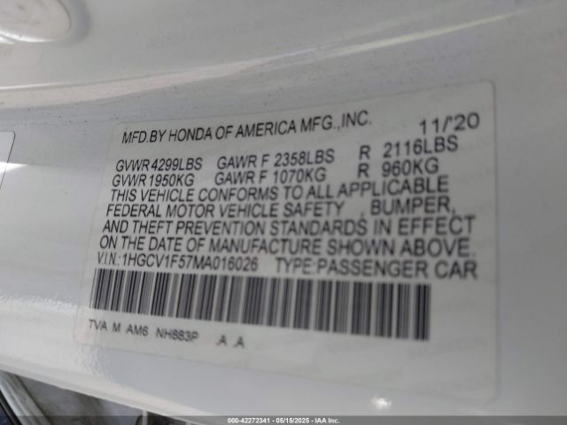 1HGCV1F57MA016026 Honda Accord Ex-l