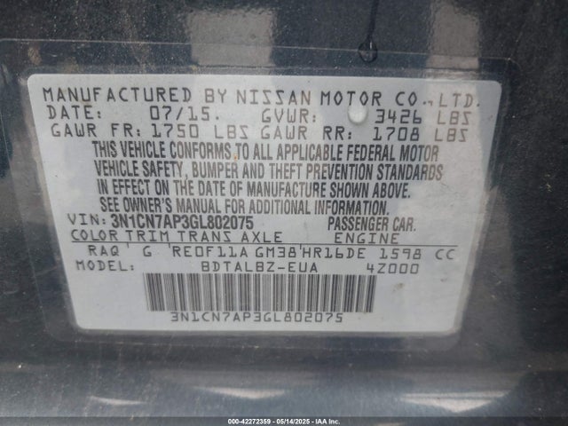 3N1CN7AP3GL802075 Nissan Versa 1.6 S/1.6 S+/1.6 Sl/1.6 Sv