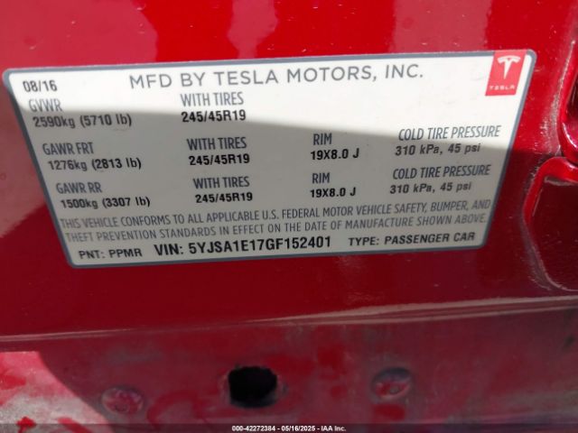 2016 TESLA MODEL S 5YJSA1E17GF152401 Photo 8