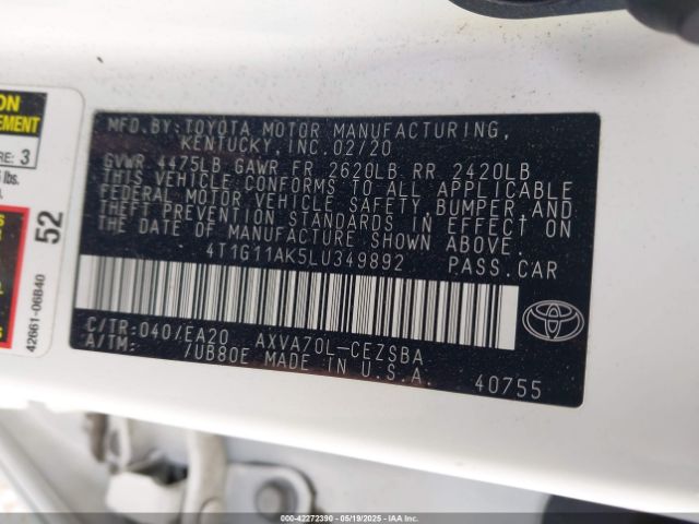 2020 TOYOTA CAMRY 4T1G11AK5LU349892 Photo 8