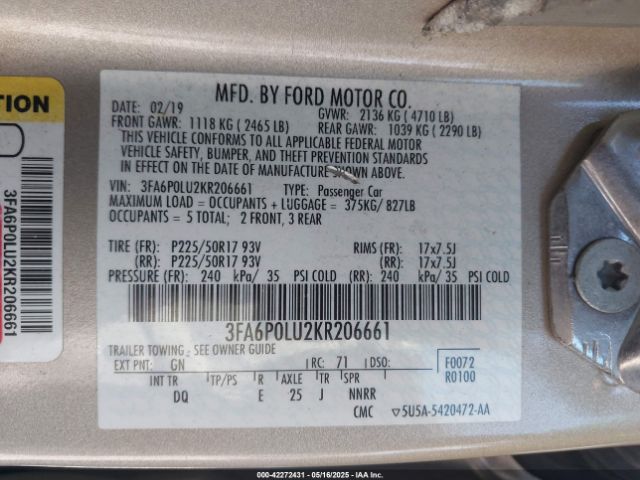 3FA6P0LU2KR206661 Ford Fusion Hybrid Se