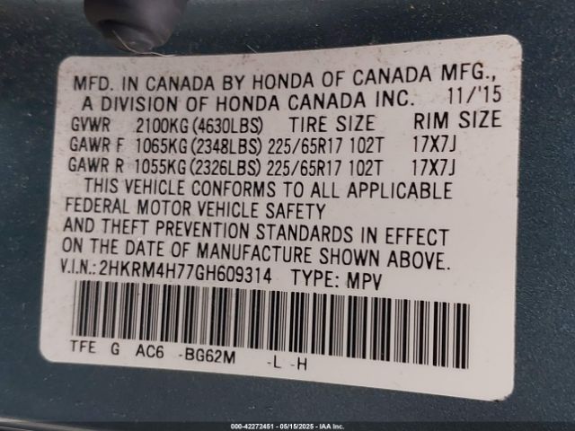 2HKRM4H77GH609314 Honda Cr-v Ex-l