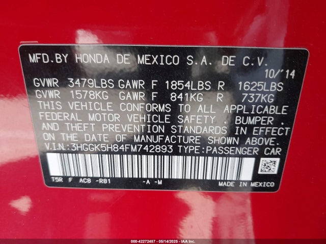 3HGGK5H84FM742893 Honda l15b1