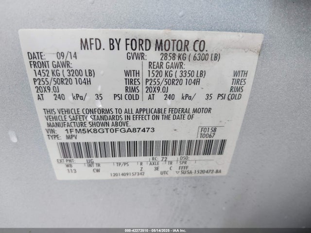 1FM5K8GT0FGA87473 Ford 2015