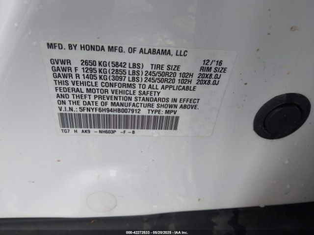 5FNYF6H94HB007912 Honda Pilot Touring