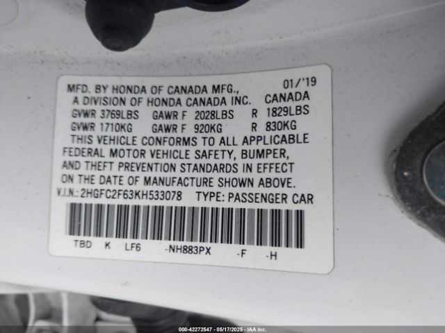2HGFC2F63KH533078 Honda Civic Lx