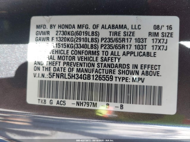 5FNRL5H34GB126559 Honda ODYSSEY SE