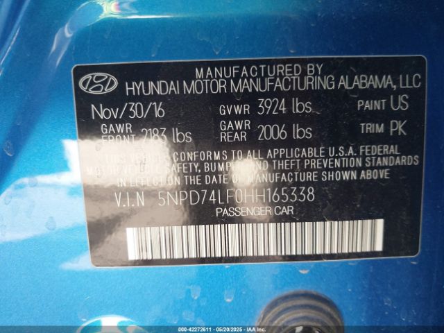5NPD74LF0HH165338 Hyundai ELANTRA SE