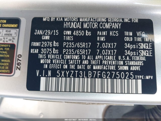5XYZT3LB7FG275025 Hyundai dohc gdi theta ii