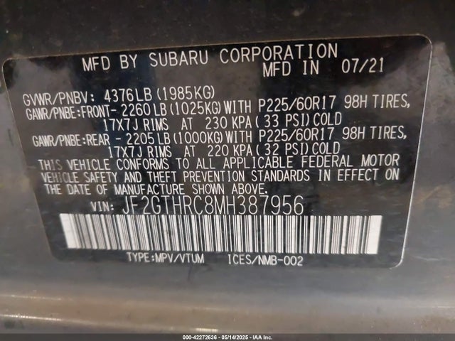 Subaru na 2021 JF2GTHRC8MH387956 Image 9