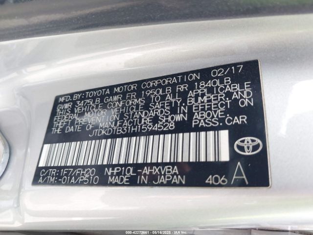 JTDKDTB31H1594528 Toyota Prius C One