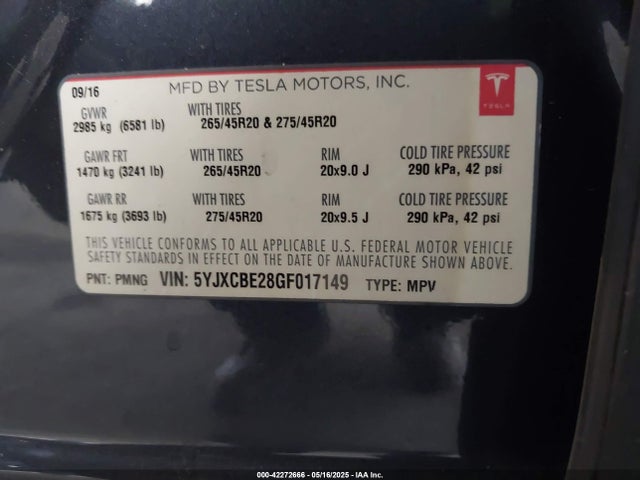 2016 TESLA MODEL X 5YJXCBE28GF017149 Photo 8