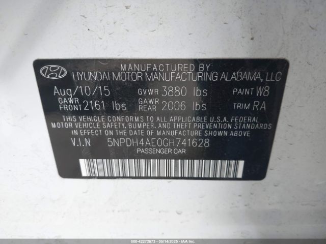 5NPDH4AE0GH741628 Hyundai ELANTRA SE