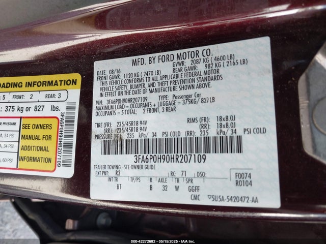 Ford FUSION SE 2017 3FA6P0H90HR207109 Image 9