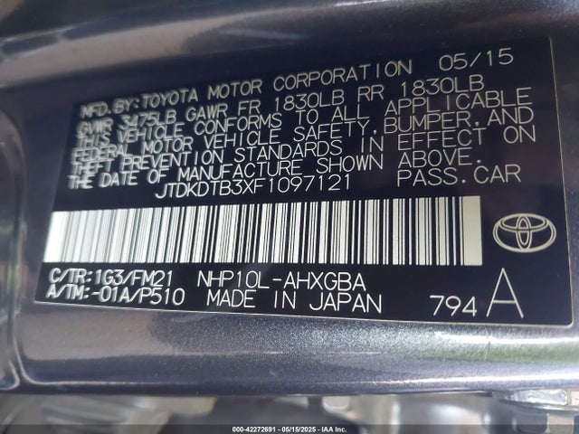 JTDKDTB3XF1097121 Toyota 1nz-fxe+1lm