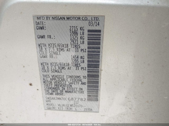 Nissan Pathfinder Sl 2014 5N1AR2MN7EC687782 Image 9