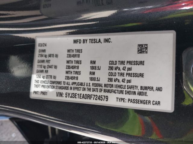 5YJ3E1EA0RF724579 Tesla Model 3 Long Range Dual Motor All-wheel Drive/rear-wheel Drive