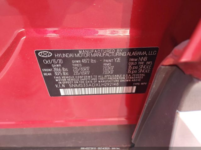 5NMS33ADXLH292148 Hyundai gdi theta ii